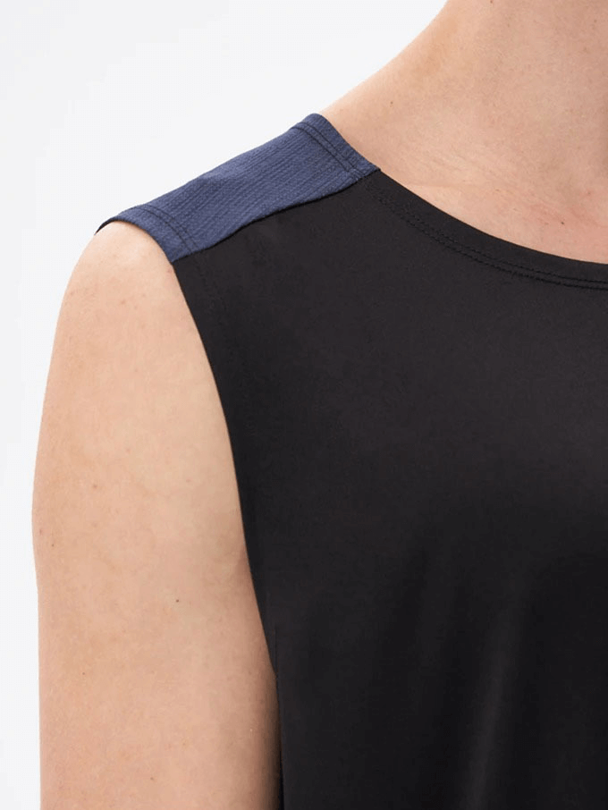 Close-up of black and navy breathable double color gym tank top for men with O-neck collar.